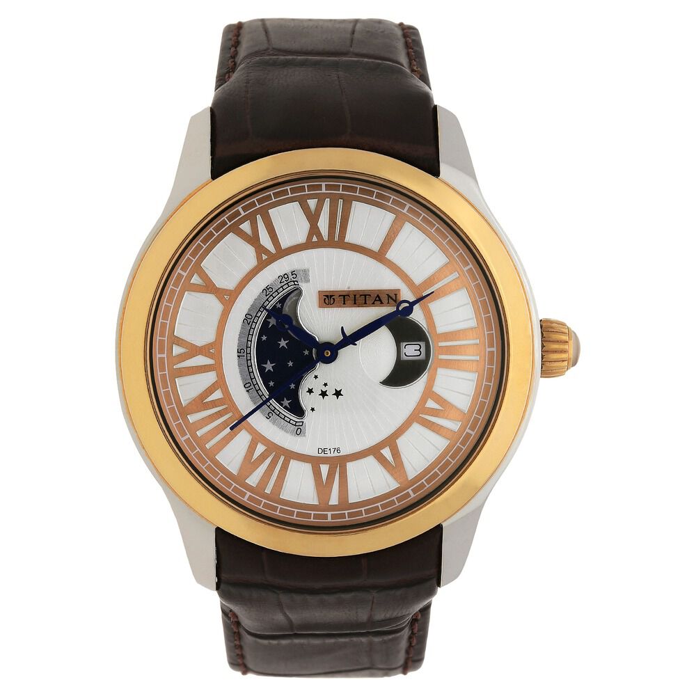 Buy Online Titan Quartz Analog Moonphase White Dial Leather Strap Watch for Men 1663kl01 Titan
