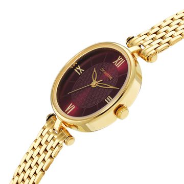 Sonata Classic Gold Maroon Dial Metal Strap Watch for Women