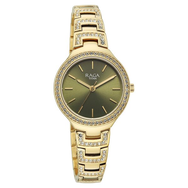 Titan Raga Spotlight Quartz Analog Green Dial Golden Metal Strap Watch For Women - image number 1
