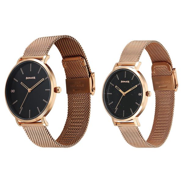 Sonata Soulmate Quartz Analog Black Dial Stainless Steel Strap Watch For Couple - image number 1
