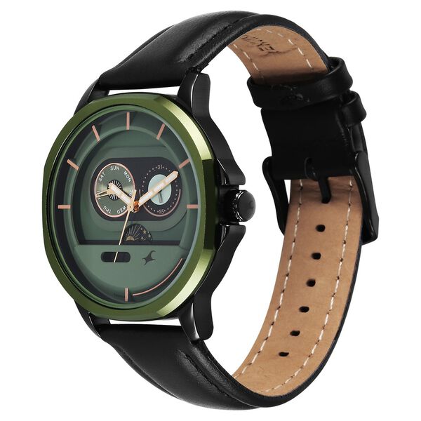 Fastrack Street Opulence Quartz Sun Moon Multifunction Green Dial Black Leather Strap Watch For Guys - image number 2