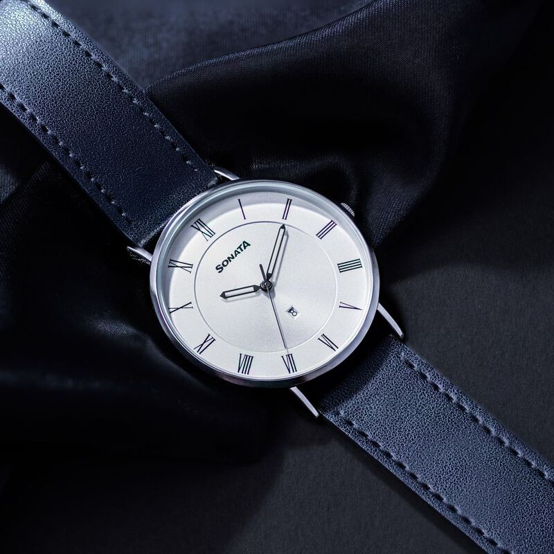 Sonata Quartz Analog with Date Silver Dial Black Leather Strap Watch For Men