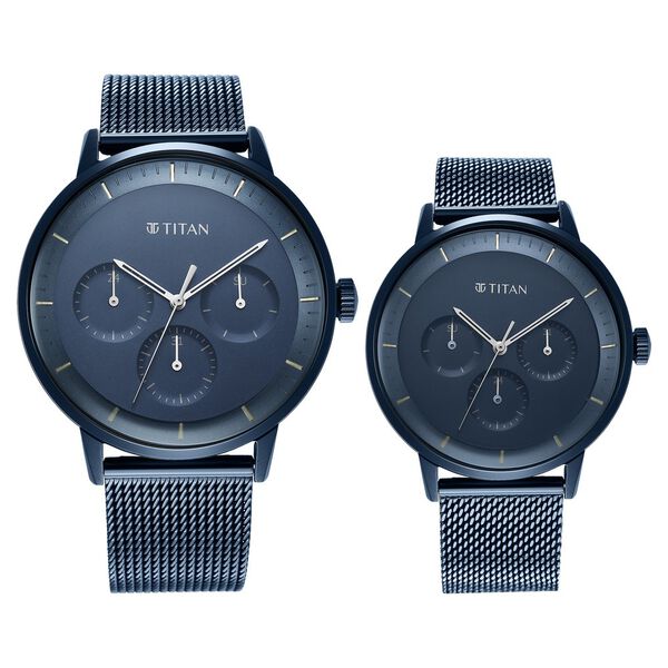 Titan Modern Bandhan Blue Dial Quartz Multifunction Stainless Steel Strap watch for Couple - image number 1