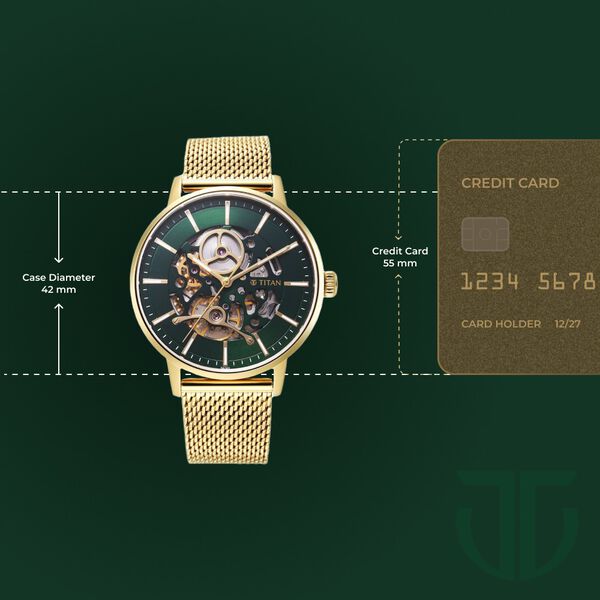 Titan Mechanical Slimline Green Dial Golden Mesh Strap watch for Men - image number 7