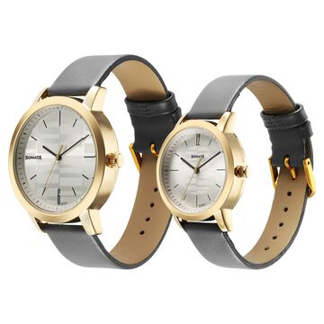 Sonata Alloy Pairs Quartz Analog Silver Leather Strap for Couple
