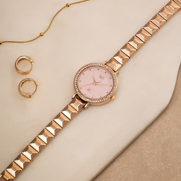 Vyb Enigma By Fastrack Quartz Analog Pink Dial Rose Gold Metal Strap Watch For Girls