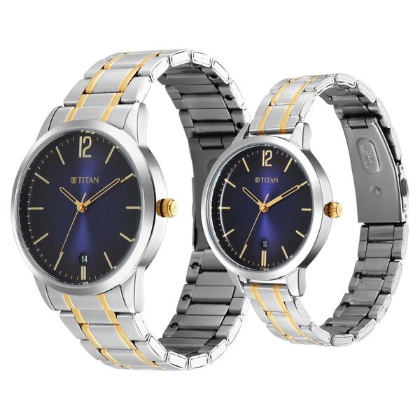 Titan Quartz Analog with Date Blue Dial Stainless Steel Strap Watch for Couple - image number 2