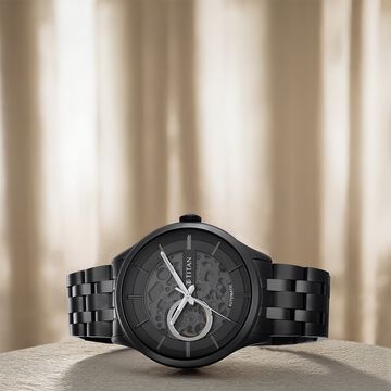Titan Metal Mechanicals Black Dial Black Stainless Steel Strap Watch for Men