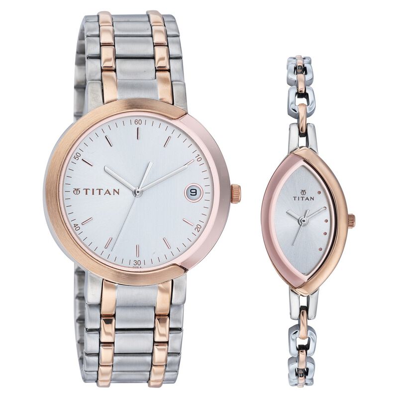 Titan Quartz Analog Silver Dial Watch for Couple