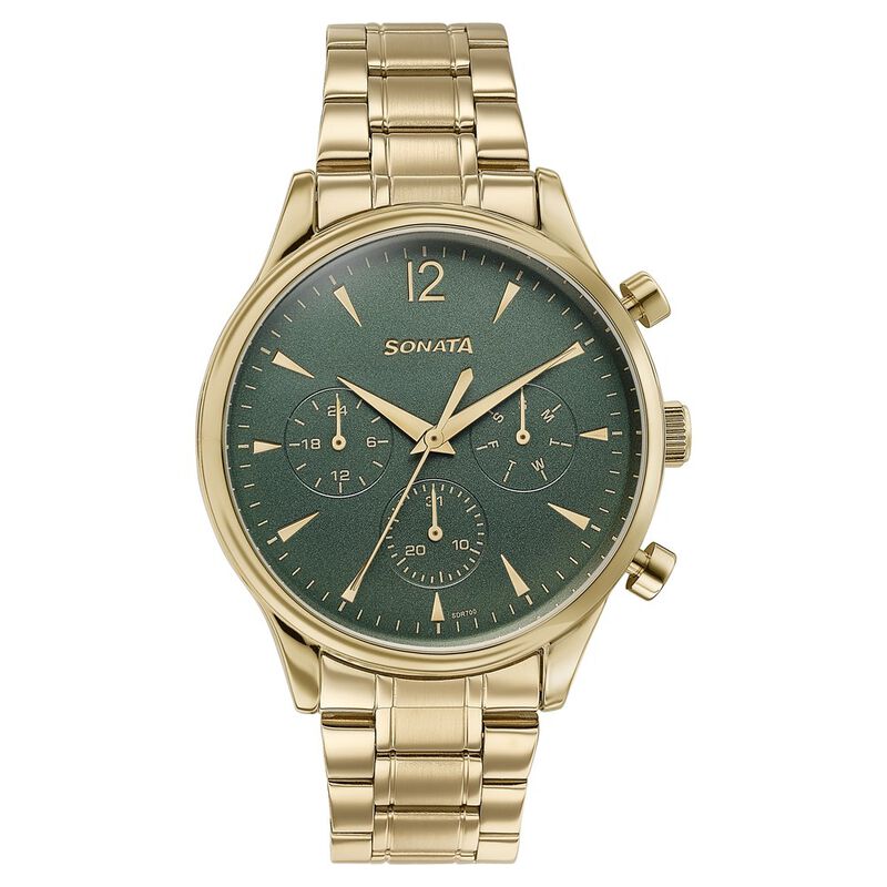 Sonata Wedding Edit Quartz Multifunction Green Dial Stainless Steel Strap Watch For Men