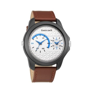 Fastrack Dual Time Quartz Analog White Dial Leather Strap Watch for Guys