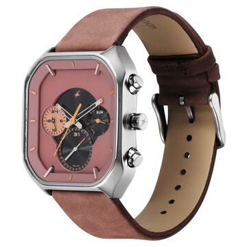 Fastrack After Dark Quartz Analog with Day and Date Brown Dial Leather Strap Watch for Guys