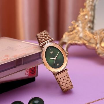 Vyb Prodigy By Fastrack Quartz Analog Green Dial Rose Gold Stainless Steel Strap Watch For Girls