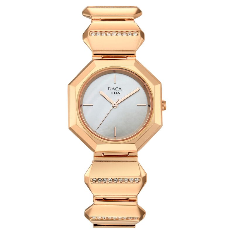 Titan Raga Unlocked Quartz Analog Mother Of Pearl Dial Rose Gold Metal Strap Watch For Women
