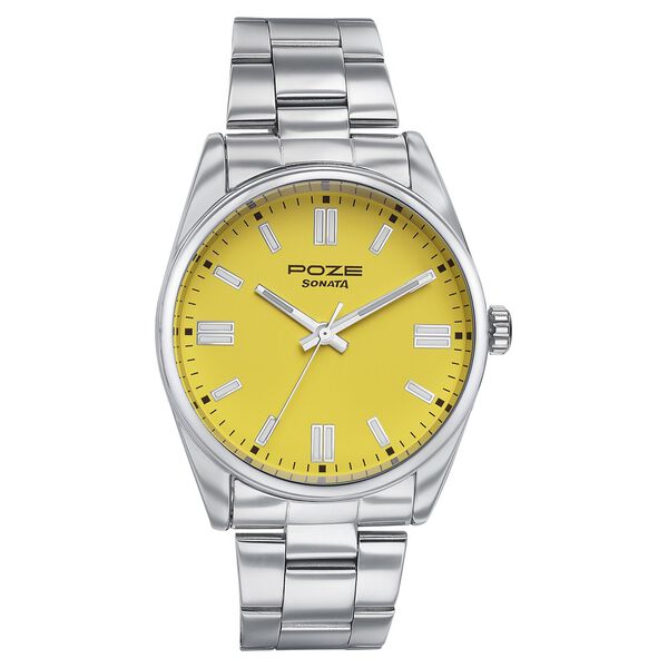 Sonata Poze Quartz Analog Yellow Dial Silver Metal Strap Watch For Men - image number 1