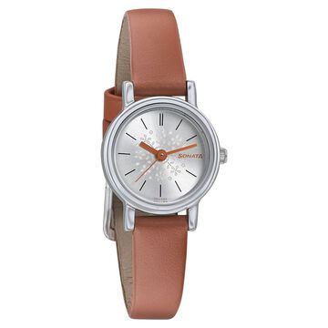 Sonata Floral Folkart Silver Dial Women Watch With Leather Strap