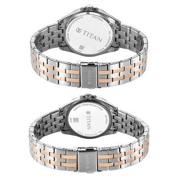 Titan Modern Bandhan Pair Analog with White Dial Dual Tone Rose Gold Stainless Steel Strap Watch for Couples
