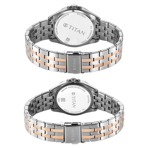 Titan Modern Bandhan Pair Analog with White Dial Dual Tone Rose Gold Stainless Steel Strap Watch for Couples - image number 4
