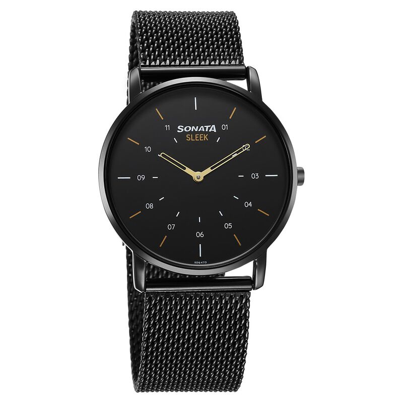 Sonata Sleek Quartz Analog Black Dial Black Stainless Steel Strap Watch For Men