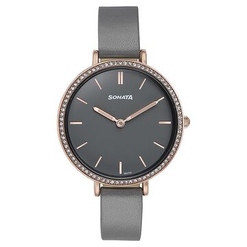 Sonata Quartz Analog Grey Dial Grey Leather Strap Watch For Women