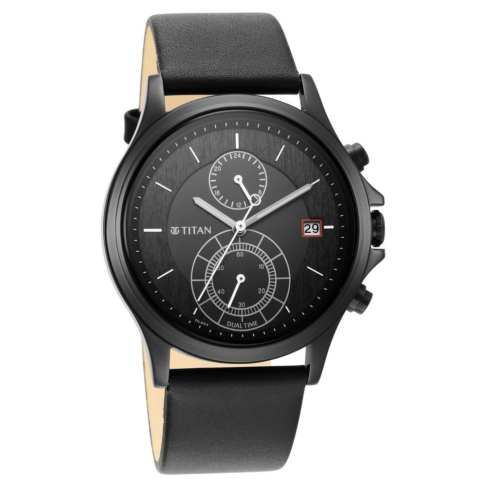 Buy Online Titan Workwear Black Dial Dual Time Leather Strap watch for Men ns1870nl01 Titan
