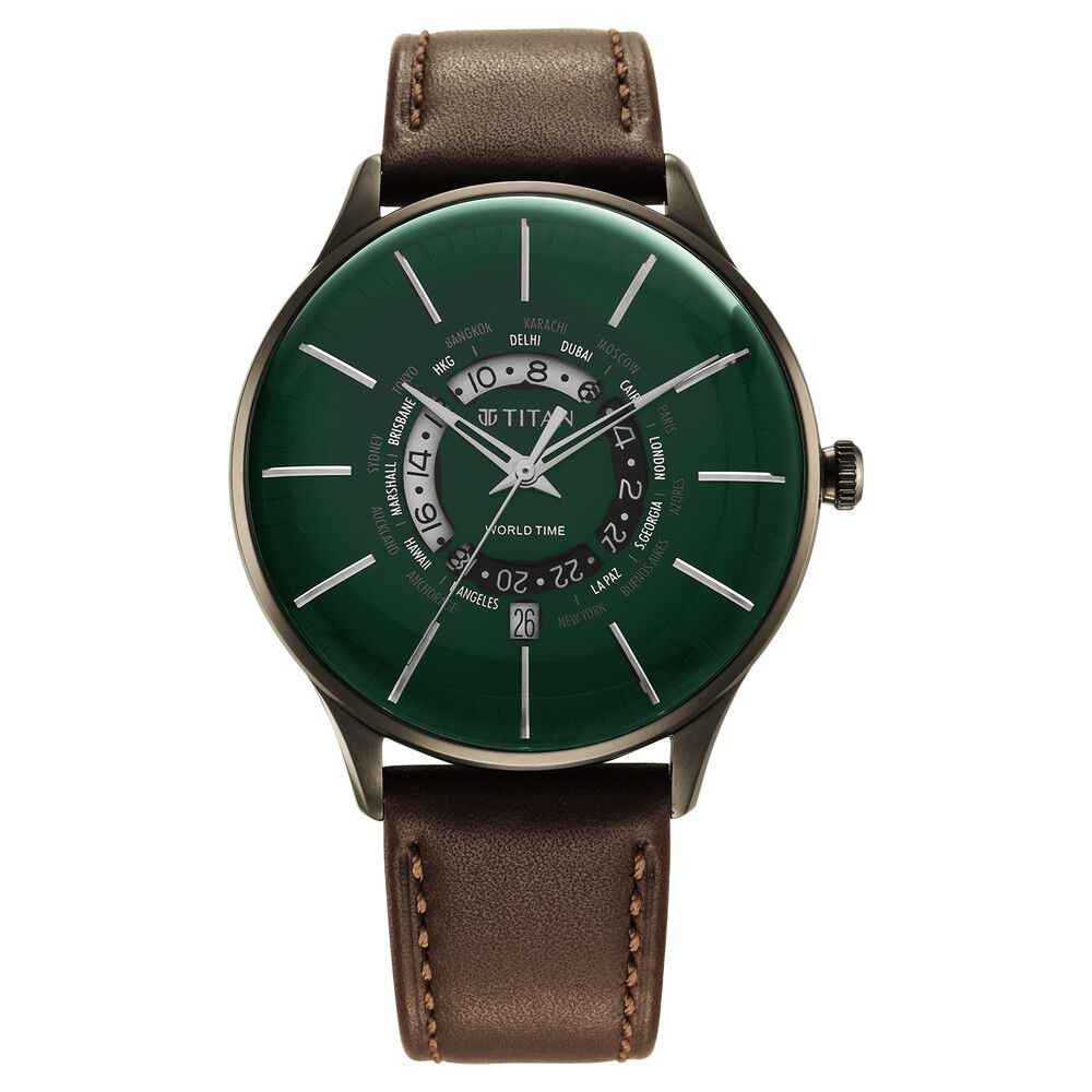Buy Online Titan Green Dial World Time with Date Leather Strap watch for Men ns90145ql01 Titan