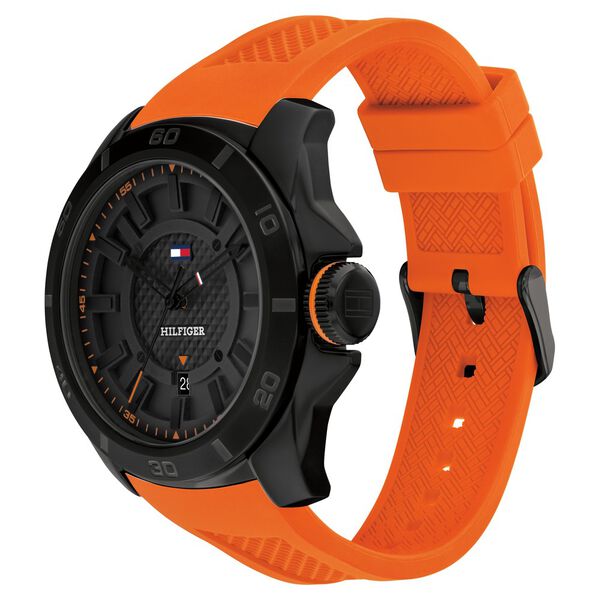 Tommy Hilfiger Quartz Analog Black Dial Orange Stainless Steel & Silicone Strap Watch for Men - image number 1