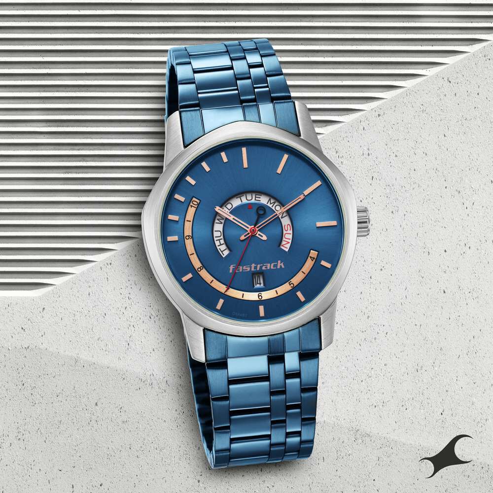 Buy Online Fastrack Exuberant Quartz Analog with Day and Date Blue Dial Metal Strap Watch for Guys nr3279km01 Titan