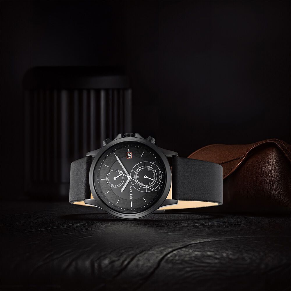 Titan Workwear Black Dial Dual Time Leather Strap watch for Men-image-41