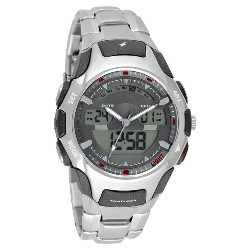 Fastrack Quartz Analog Digital Grey Dial Metal Strap Watch for Guys