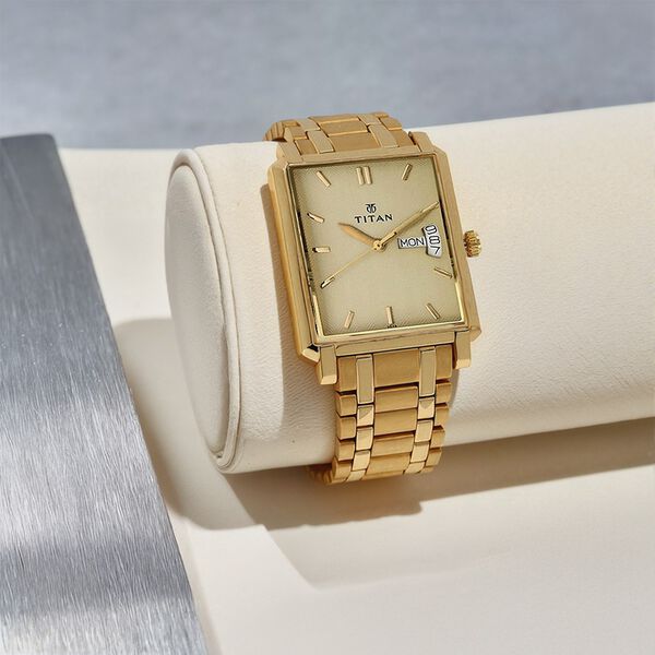 Titan Quartz Analog with Day and Date Champagne Dial Stainless Steel Strap  watch for Men
