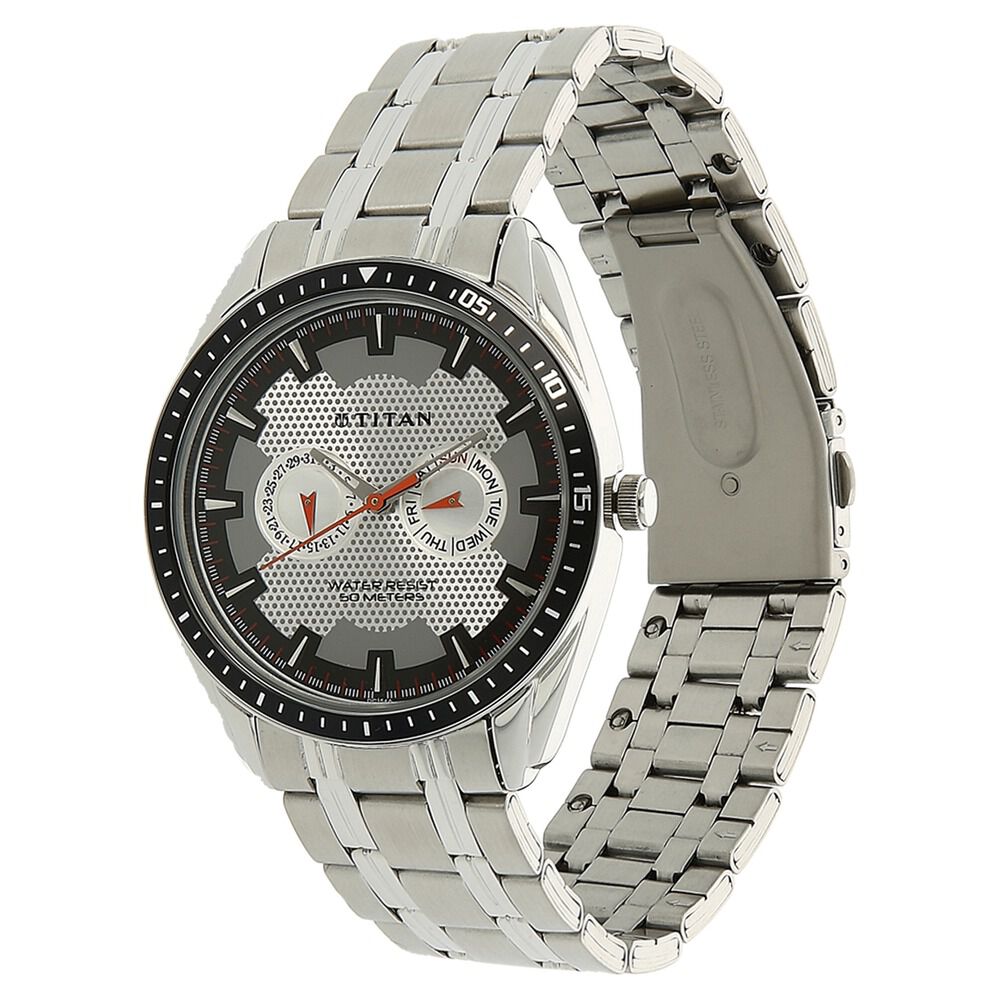Titan Purple Silver Dial Analog with Day and Date Stainless Steel Strap Watch for Men