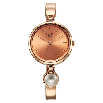 Titan Raga Power Pearls Quartz Analog Rose Gold Dial Metal Strap with pearl Watch for Women