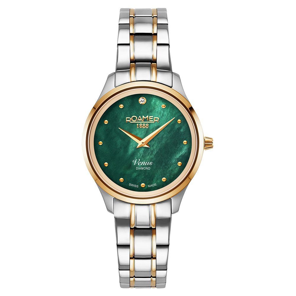 Roamer Venus Diamond Quartz Analog Green Mother Of Pearl Dial Two Toned Stainless Steel Strap Watch For Women-image-9