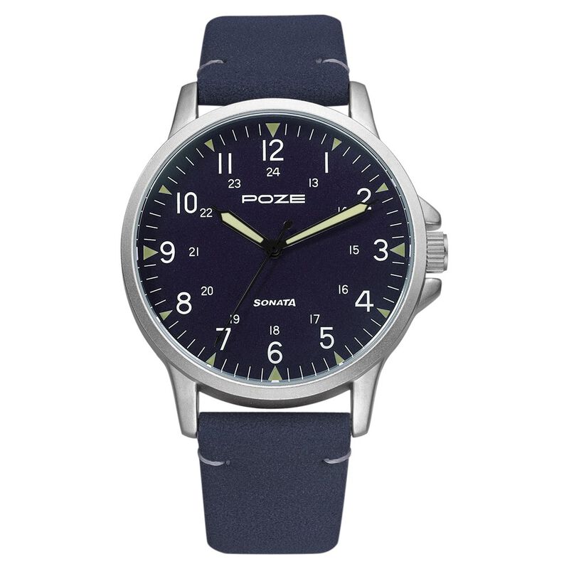 Poze by Sonata Quartz Analog Blue Dial PU Leather Strap Watch for Men