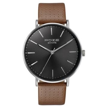 Sonata Poze Quartz Analog Black Dial Leather Strap Watch for Men