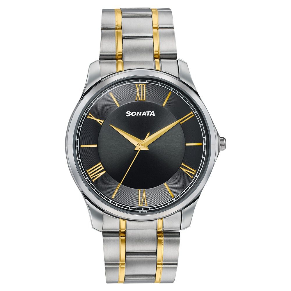 Sonata Traditional Essentials Black Dial Silver & Gold-Tone Stainless Steel Strap Watch-picture-25