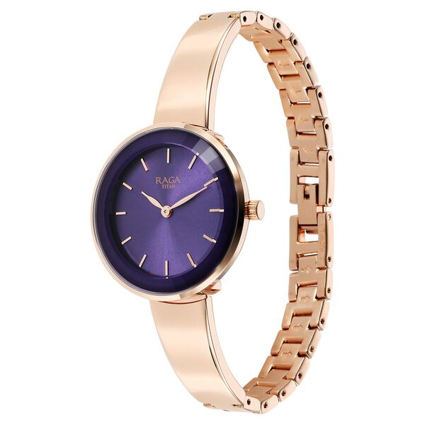 Titan Raga Showstopper Quartz Analog Purple Round Dial Rose Gold Metal Strap Watch For Women - image number 2
