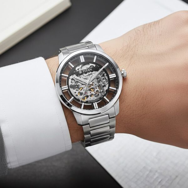 Titan See-Through Skeletal Automatic Analog with Black Dial Silver Stainless Steel Strap Watch for Men - image number 7