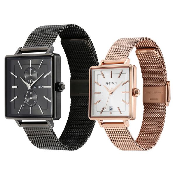 Titan Bandhan Black Dial Quartz Multifunction Stainless Steel Strap watch for Couple - image number 2