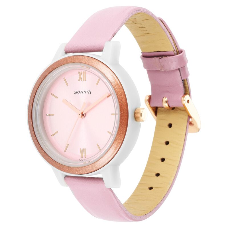 Sonata Pop Pink Dial Women Watch With Leather Strap - image number 1