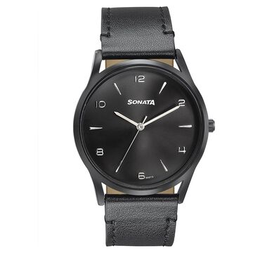 Sonata Quartz Analog Black Dial Black Leather Strap Watch For Men