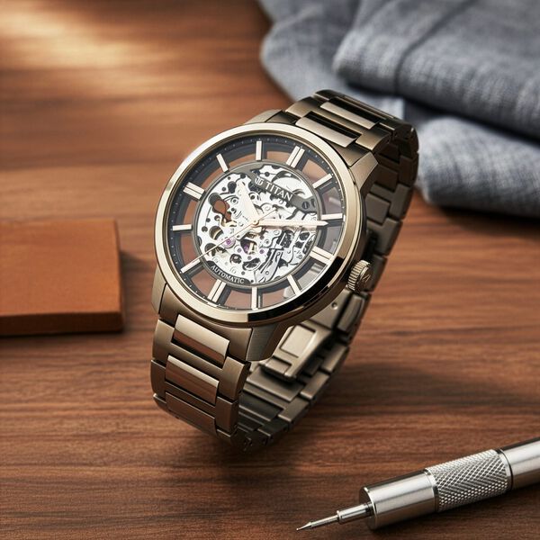 Titan See-Through Skeletal Automatic Analog with Black Dial Copper Brown Stainless Steel Strap Watch for Men - image number 0