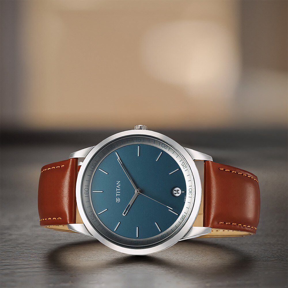 Titan Wrist Wit Quartz Analog with Date Blue Dial Leather Strap Watch for Men