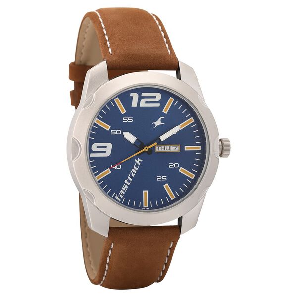 Fastrack Quartz Analog with Day and Date Blue Dial Leather Strap Watch for Guys - image number 0