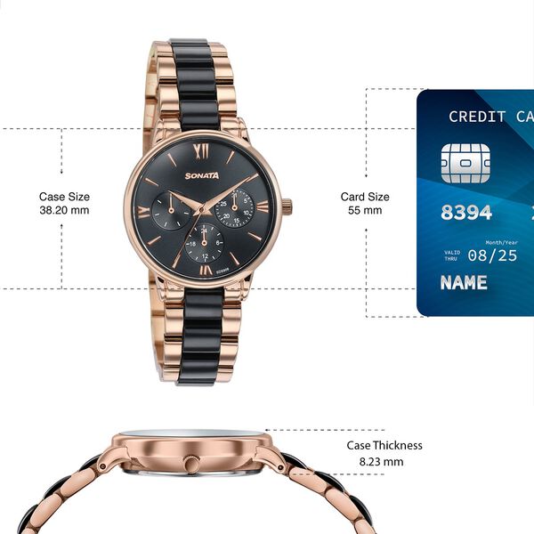 Sonata Festive Quartz Multifunction Black Dial Two Toned Acetate And Metal Strap Watch For Women - image number 3