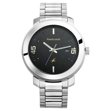 Fastrack Bare Basics Quartz Analog with Date Black Dial Stainless Steel Strap Watch for Guys