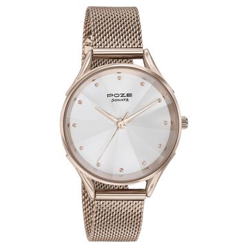 Sonata Poze Quartz Analog White Dial Rose Gold Color Stainless Steel Strap Watch For Women