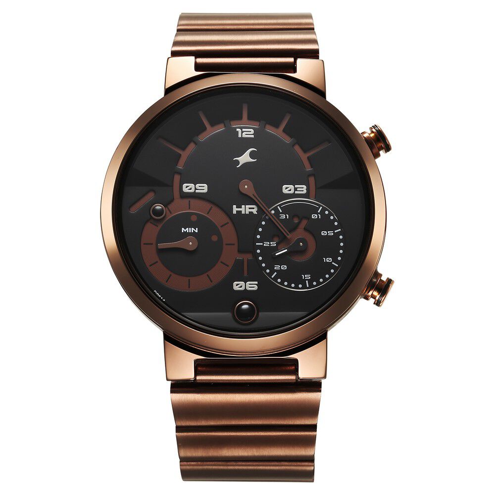 Buy Online Fastrack Gambit Micromotor Black Dial Brown Metal Strap Analog Watch for Guys 3309qm02 Titan