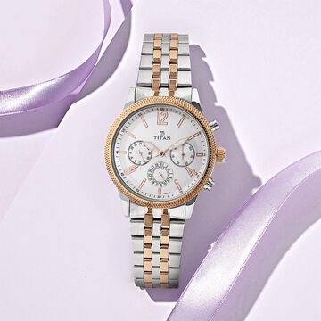 Titan Men's Metropolitan Luxe: Multifunction White Dial with Two-Tone Stainless Steel Bracelet Watch